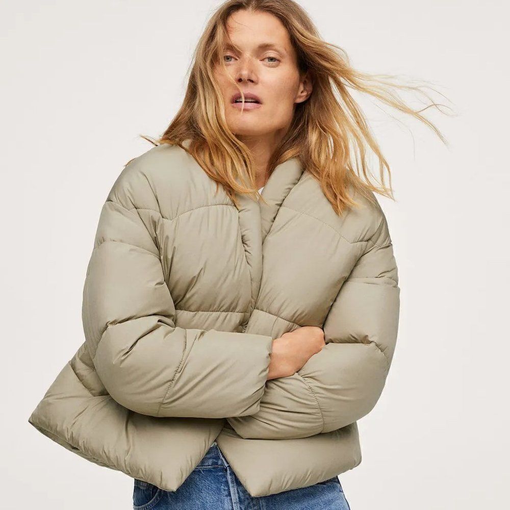 Mango padded quilted bomber jacket in light green